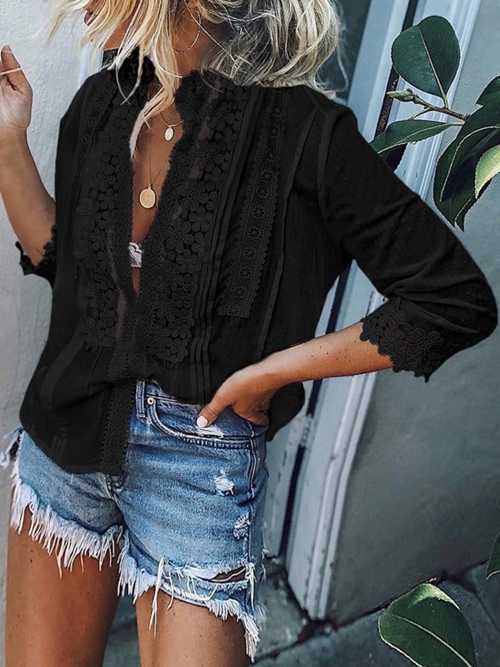 Vici Black Lace-Trim V-Neck Blouse